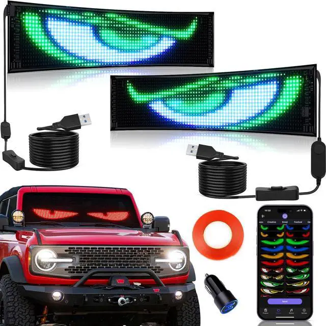 Main image of 2PCS Synchronized Devil Eyes Light for Cars, 14.6X3.6 Flex LED Display Screen DIY Text Animation Programmable LED Scrolling Sign for Car Windshields