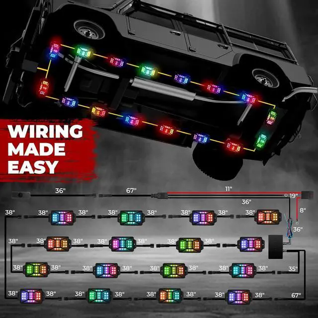 Alt view image 5 of 7 - 16 Pods Five Sided RGB Rock Lights for Trucks Jeep UTV SUV ATV, Multi Chasing Color App/Remote Control Led Rock Lights with Music Mode, Waterproof Exterior Underglow Kits for Cars
