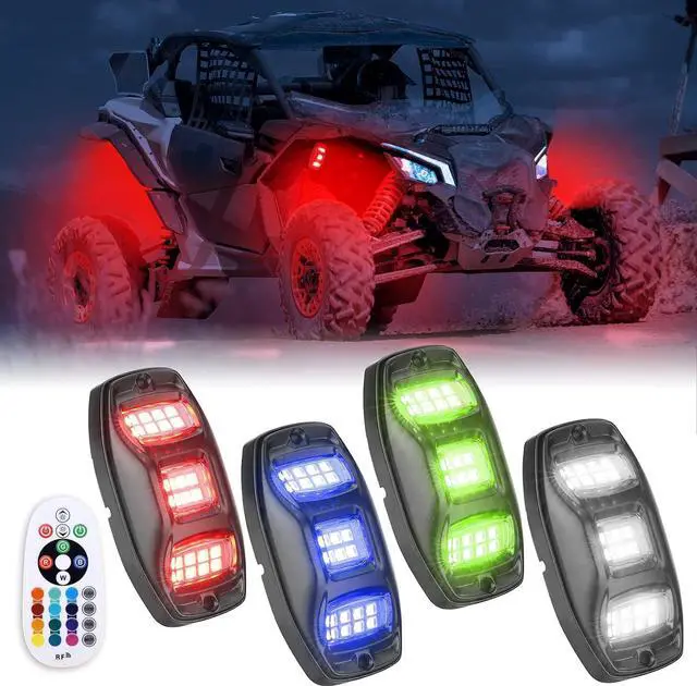Main image of KEMIMOTO 4 Pods LED Rock Lights for Truck UTV, APP RF Dual Control Underglow Multicolor Neon Light Pod Universal Lighting for ATV, Car, Golf Cart, RV, Compatible with Can-Am X3 Polaris RZR Sportsman