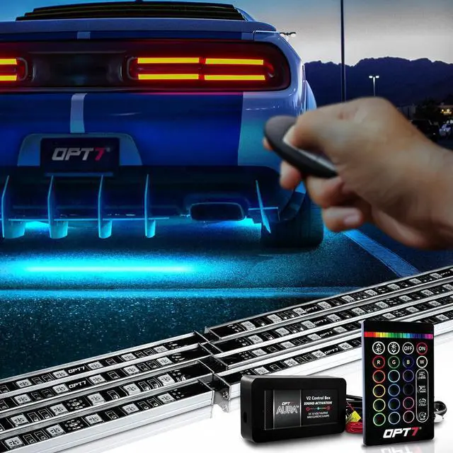 Main image of OPT7 Aura Aluminum Underglow Lighting Kit w/Keyless Unlock Light, 4pcs Exterior Neon Accent LED Underbody Strip, Multicolor Modes, Waterproof, Soundsync, Door Assist, Remote Control, Car Truck RV