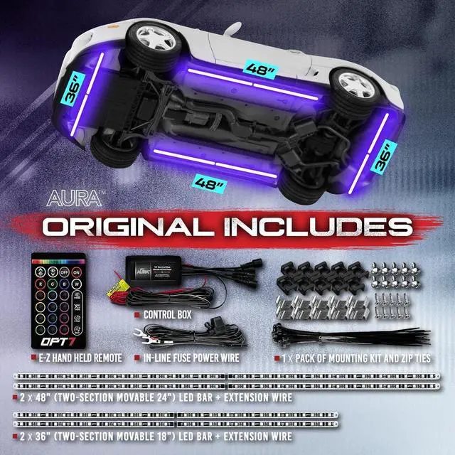 Alt view image 2 of 7 - OPT7 Aura Aluminum Underglow Lighting Kit w/Keyless Unlock Light, 4pcs Exterior Neon Accent LED Underbody Strip, Multicolor Modes, Waterproof, Soundsync, Door Assist, Remote Control, Car Truck RV