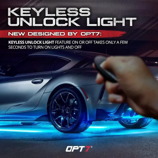 Alt view image 3 of 7 - OPT7 Aura Aluminum Underglow Lighting Kit w/Keyless Unlock Light, 4pcs Exterior Neon Accent LED Underbody Strip, Multicolor Modes, Waterproof, Soundsync, Door Assist, Remote Control, Car Truck RV