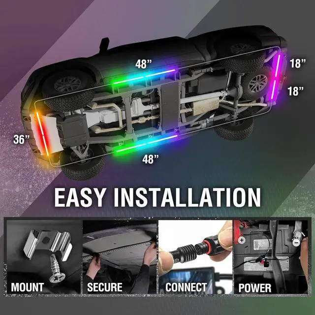 Alt view image 5 of 7 - OPT7 Aura DreamColor Underglow Chasing Lights for Car with APP & Remote Control, Waterproof Rigid Aluminum LED Light Bar, Exterior Neon Accent Underbody RGBIC Light Kit, Multi Colors Music Mode, 12V