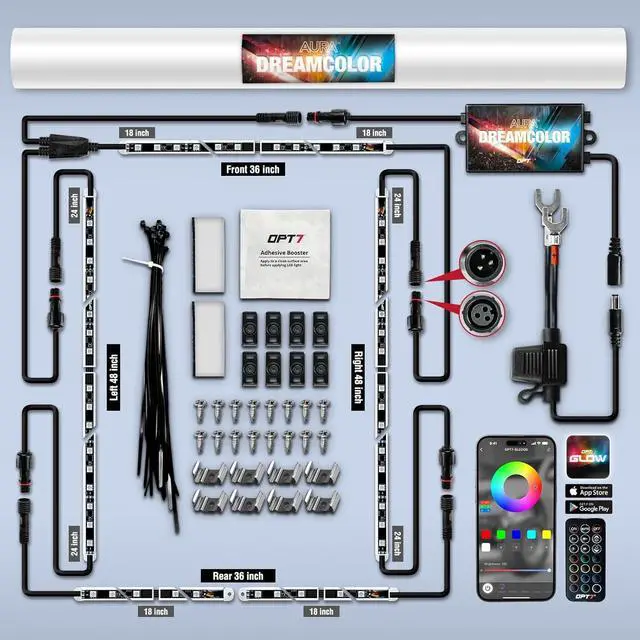 Alt view image 7 of 7 - OPT7 Aura DreamColor Underglow Chasing Lights for Car with APP & Remote Control, Waterproof Rigid Aluminum LED Light Bar, Exterior Neon Accent Underbody RGBIC Light Kit, Multi Colors Music Mode, 12V