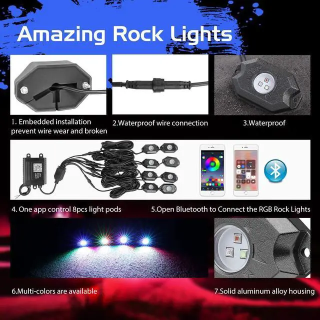 Alt view image 3 of 7 - RGB LED Rock Light Kit, Auto Power Plus Neon Led Lights Waterproof Bluetooth Strobe Lights Underglow RGB led Lights for Truck SUV ATV Boat Motorcycle Off Road Car - 8 Pods