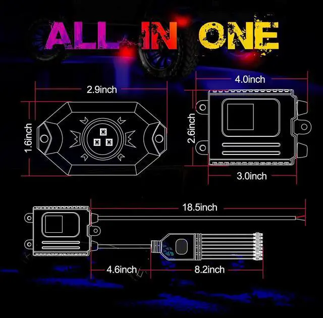 Alt view image 2 of 7 - OFFROADTOWN RGB LED Rock Lights Kit 8 pods Underglow Multicolor Neon Light Pod with Bluetooth App Control IP68 Exterior Wheel Well Light for Pickup Tundra Dodge GMC UTV Truck