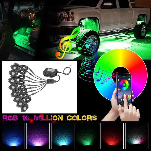 Alt view image 3 of 7 - OFFROADTOWN RGB LED Rock Lights Kit 8 pods Underglow Multicolor Neon Light Pod with Bluetooth App Control IP68 Exterior Wheel Well Light for Pickup Tundra Dodge GMC UTV Truck
