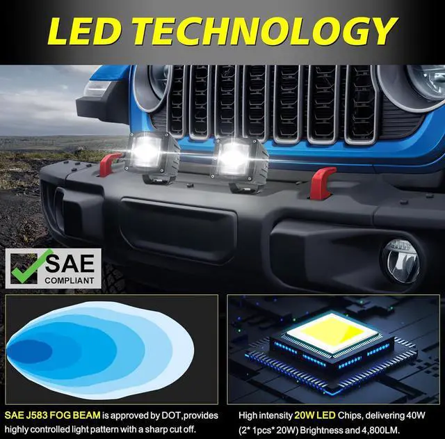 Alt view image 3 of 7 - 3" SAE LED Fog Lights Street Legal DOT Approved Square LED Cubes Cut-off Beam Fog Pods Lights 2pcs for Trucks Pickup SUV Car Wrangler Toyota Nissan Ram