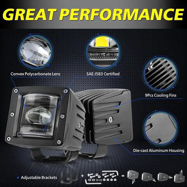 Alt view image 7 of 7 - 3" SAE LED Fog Lights Street Legal DOT Approved Square LED Cubes Cut-off Beam Fog Pods Lights 2pcs for Trucks Pickup SUV Car Wrangler Toyota Nissan Ram