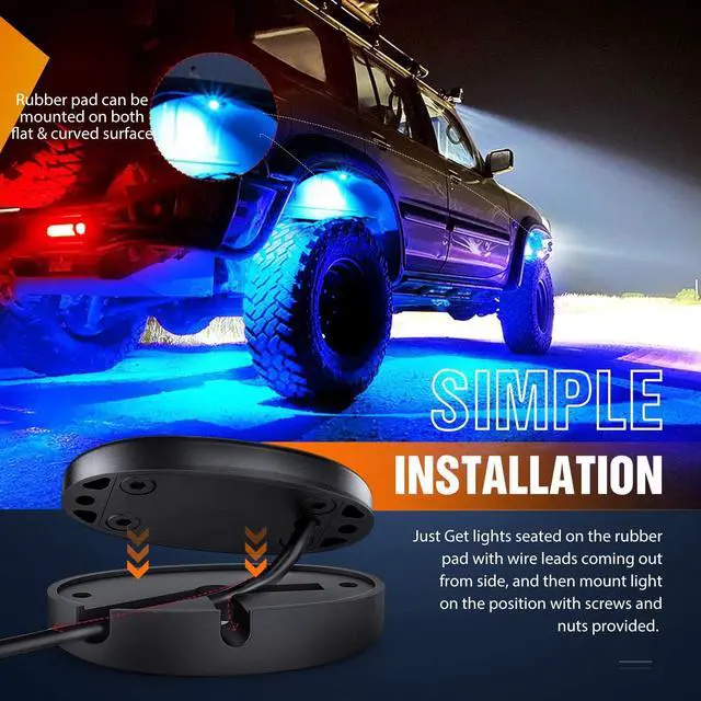 Alt view image 6 of 7 - Nilight LED Rock Light 4PCS Underglow Wheel Well Pods Waterproof Exterior Underbody Roof Rack Side Lamps for Car Truck Pickups ATV UTV SUV Motorcycle Boat, Blue Color