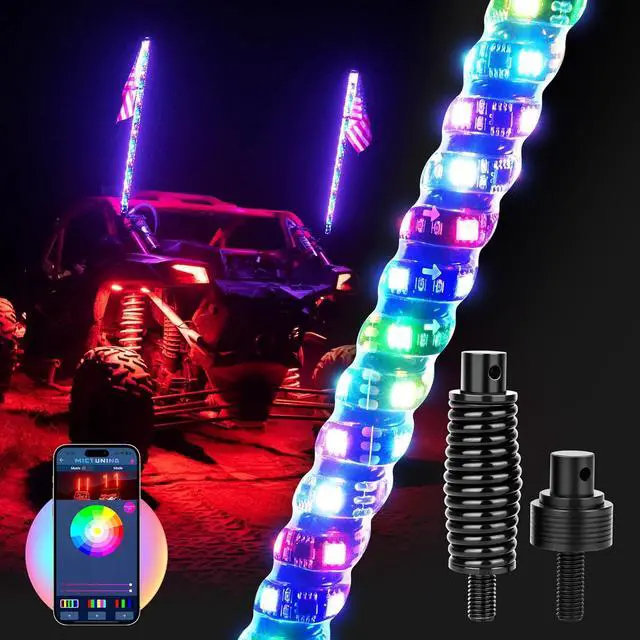 Main image of MICTUNING 2PCS 4FT W1 LED Whip Lights with Flag & Spring Base, RGB+IC Spiral Chasing Light with APP, Music Sync, Turn Signal & Brake Function for UTV ATV RZR Trucks Dunes