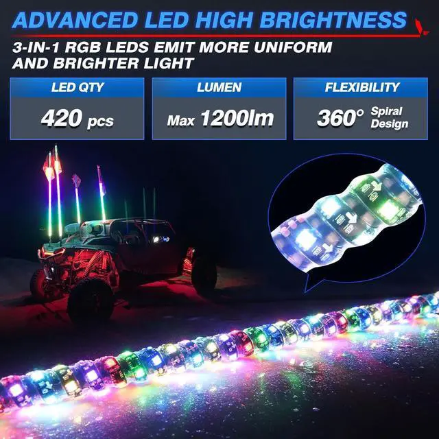 Alt view image 2 of 7 - MICTUNING 2PCS 4FT W1 LED Whip Lights with Flag & Spring Base, RGB+IC Spiral Chasing Light with APP, Music Sync, Turn Signal & Brake Function for UTV ATV RZR Trucks Dunes