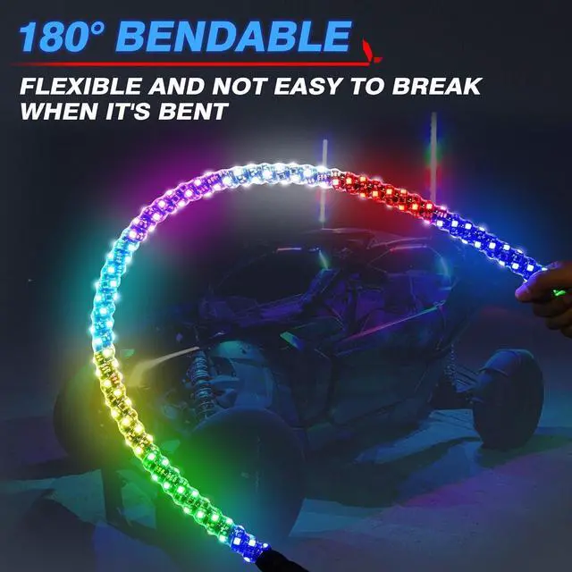 Alt view image 3 of 7 - MICTUNING 2PCS 4FT W1 LED Whip Lights with Flag & Spring Base, RGB+IC Spiral Chasing Light with APP, Music Sync, Turn Signal & Brake Function for UTV ATV RZR Trucks Dunes