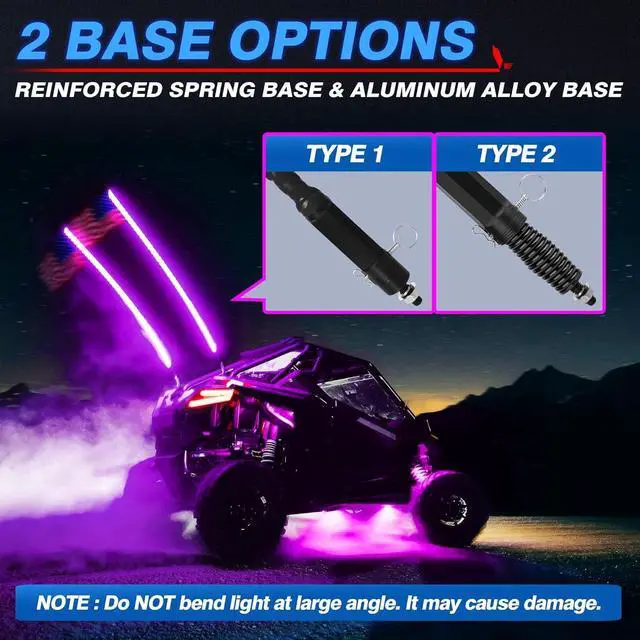Alt view image 4 of 7 - MICTUNING 2PCS 4FT W1 LED Whip Lights with Flag & Spring Base, RGB+IC Spiral Chasing Light with APP, Music Sync, Turn Signal & Brake Function for UTV ATV RZR Trucks Dunes