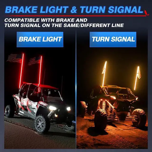 Alt view image 5 of 7 - MICTUNING 2PCS 4FT W1 LED Whip Lights with Flag & Spring Base, RGB+IC Spiral Chasing Light with APP, Music Sync, Turn Signal & Brake Function for UTV ATV RZR Trucks Dunes