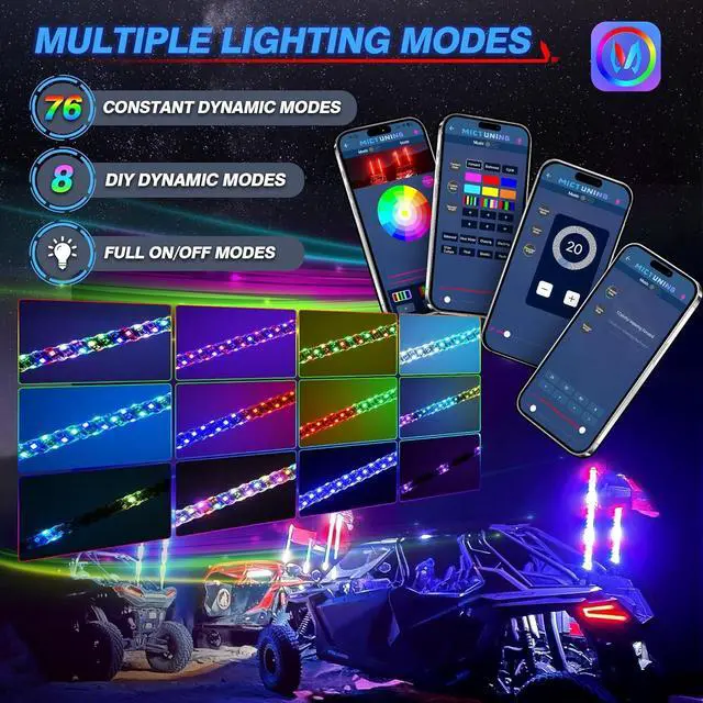 Alt view image 6 of 7 - MICTUNING 2PCS 4FT W1 LED Whip Lights with Flag & Spring Base, RGB+IC Spiral Chasing Light with APP, Music Sync, Turn Signal & Brake Function for UTV ATV RZR Trucks Dunes
