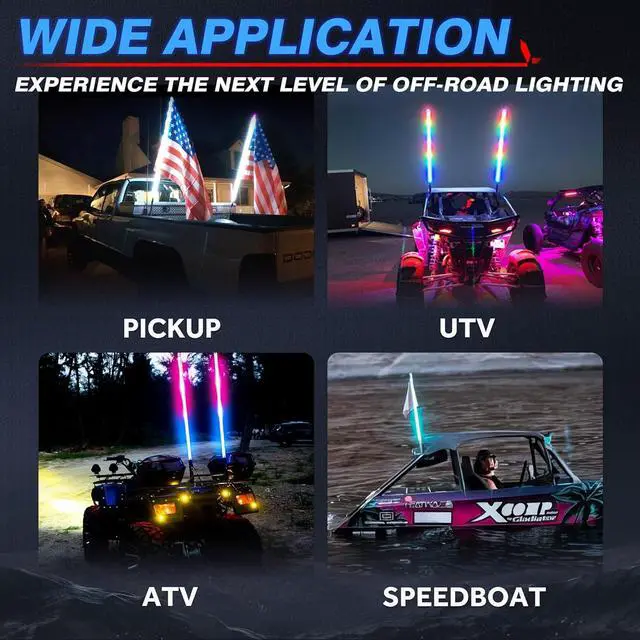 Alt view image 7 of 7 - MICTUNING 2PCS 4FT W1 LED Whip Lights with Flag & Spring Base, RGB+IC Spiral Chasing Light with APP, Music Sync, Turn Signal & Brake Function for UTV ATV RZR Trucks Dunes