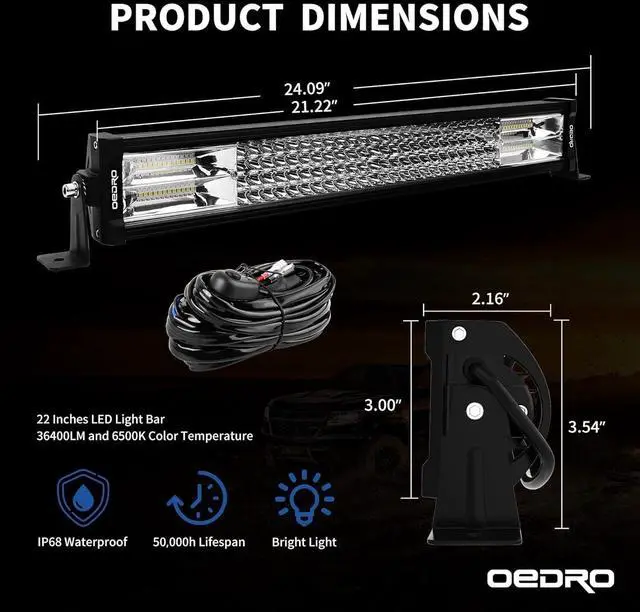 Alt view image 7 of 7 - OEDRO 22 Inch LED Light Bar Spot Flood Combo Quad-Rows Led Lights Work Lights IP68 Grade Off Road Light 12V 24V Fit for Pickup SUV 4WD 4X4 ATV UTE Truck Tractor