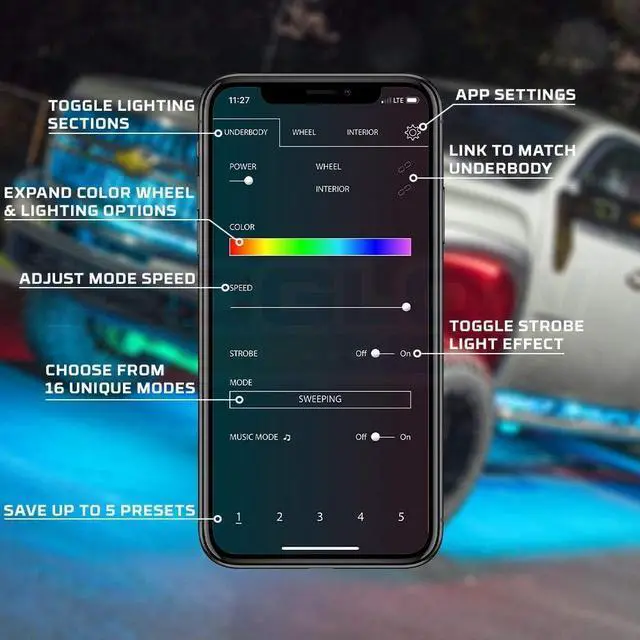Alt view image 4 of 7 - LEDGlow 6pc Bluetooth Million Color Truck LED Underbody Underglow Accent Lighting Kit - Smartphone App - Courtesy Lights - Create Any Color - Water Resistant - Control Box