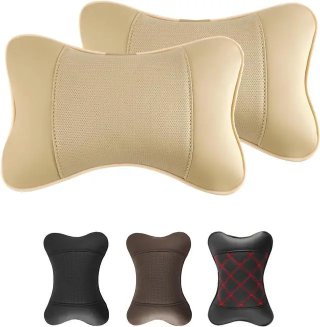 2 Pack Car Neck Pillow PU Leather Automotive Headrest Pillow for Car Support Neck Pain Relief Universal Car Pillow (Beige)