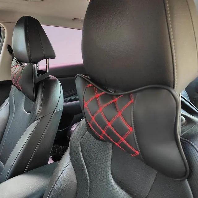 Alt view image 7 of 7 - 2 Pack Car Neck Pillow PU Leather Automotive Headrest Pillow for Car Support Neck Pain Relief Universal Car Pillow (Red Black)