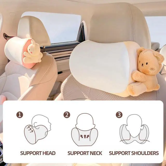 Alt view image 3 of 6 - Car Headrest Pillow 2PCS Bear or Bunny Car Seat Neck Pillow Car Decor Memory Foam Neck Support Cushions for Comfortable Driving, Easy Install & Washable (Pink)