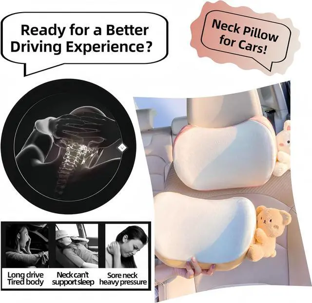 Alt view image 4 of 6 - Car Headrest Pillow 2PCS Bear or Bunny Car Seat Neck Pillow Car Decor Memory Foam Neck Support Cushions for Comfortable Driving, Easy Install & Washable (Pink)