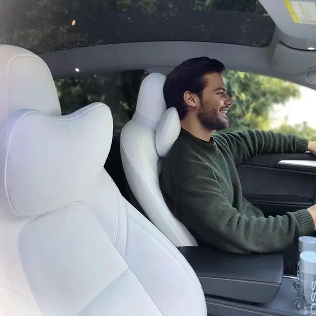 Main image of Upgraded Car Headrest Pillow 2 Packs Genuine Nappa Leather Car Neck Pillow Tesla Model Y Model 3 Model X Model S Universal Fit Neck Support Cushion White