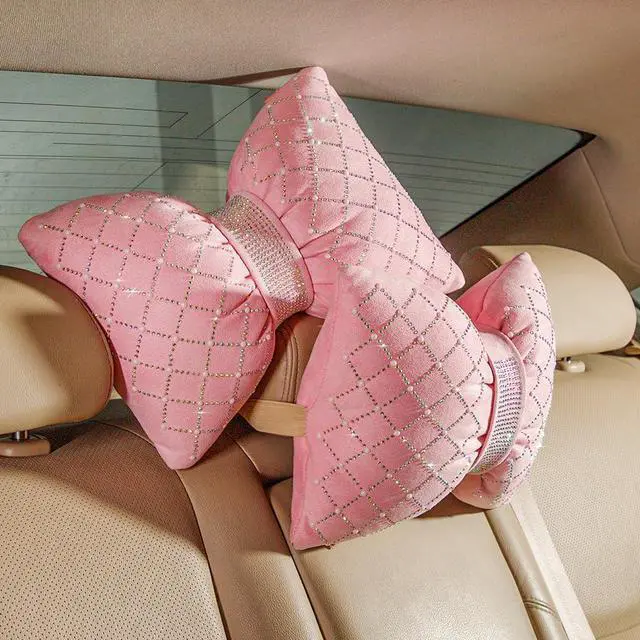 Main image of Car Headrest Pillow Pink Sparkly Bling Rhinestone Accessories for Women Seat Neck Support Pillow for Travel Driver Chair Head Rest 2pcs