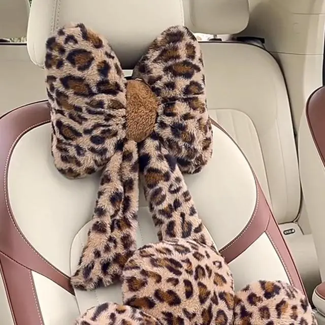 Alt view image 2 of 7 - Car Neck Pillow 2PCS Plush Bowknot Car Headrest Pillow  Comfortable Neck Support for Driving Soft Touch Fabric Car Pillow Cute Girl-Style Interior Decor (Leopard)