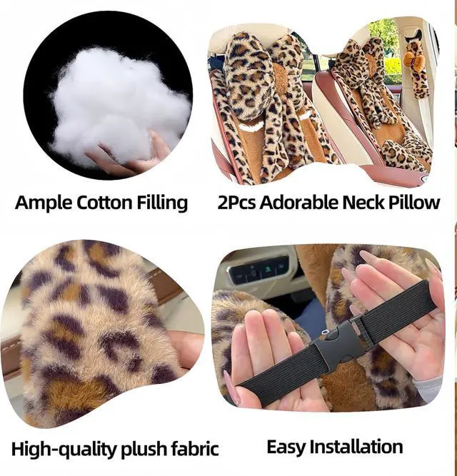 Alt view image 4 of 7 - Car Neck Pillow 2PCS Plush Bowknot Car Headrest Pillow  Comfortable Neck Support for Driving Soft Touch Fabric Car Pillow Cute Girl-Style Interior Decor (Leopard)