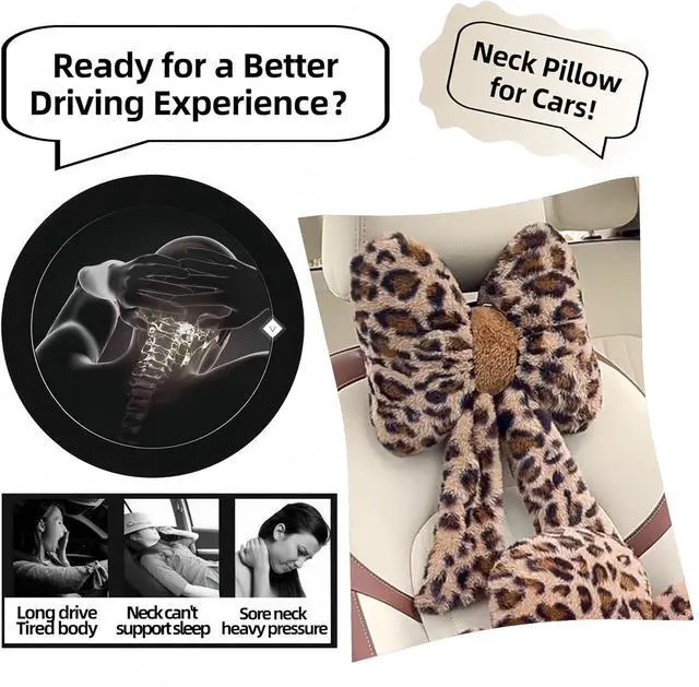 Alt view image 5 of 7 - Car Neck Pillow 2PCS Plush Bowknot Car Headrest Pillow  Comfortable Neck Support for Driving Soft Touch Fabric Car Pillow Cute Girl-Style Interior Decor (Leopard)