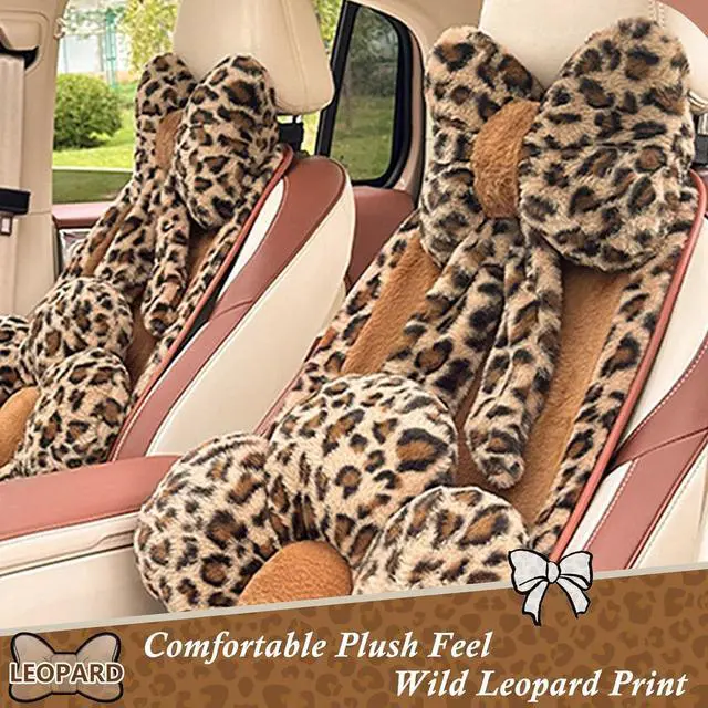 Alt view image 3 of 7 - Car Neck Pillow 2PCS Plush Bowknot Car Headrest Pillow  Comfortable Neck Support for Driving Soft Touch Fabric Car Pillow Cute Girl-Style Interior Decor (Leopard)