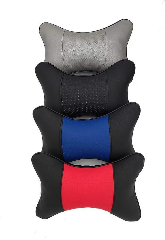 Alt view image 4 of 6 - Car Neck Pillows 2pcs Pack Car Headrest Pillow Pu Leather Car Cervical Pillows for Traveling Car Pillows Filled by Fiber (Black Red)