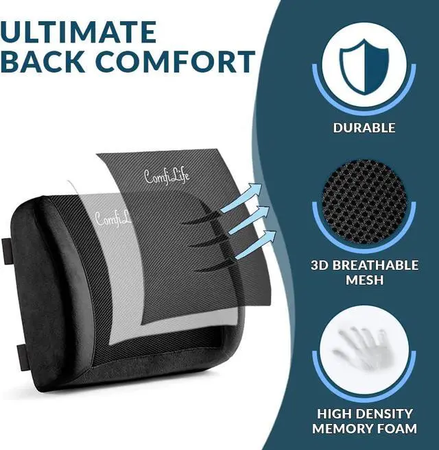 Alt view image 2 of 7 - ComfiLife Lumbar Support Back Pillow Office Chair and Car Seat Cushion - Memory Foam with Adjustable Strap and Breathable 3D Mesh (Black)