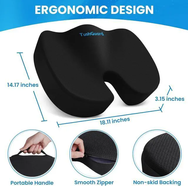 Alt view image 2 of 7 - TushGuard Seat Cushion for Office Chair Memory Foam Non-Slip Cushion Back, Relief Chair Pad, Butt Pillow for Office Chair, Car, Computer Desk, Black