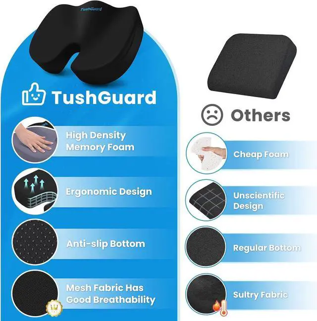 Alt view image 4 of 7 - TushGuard Seat Cushion for Office Chair Memory Foam Non-Slip Cushion Back, Relief Chair Pad, Butt Pillow for Office Chair, Car, Computer Desk, Black