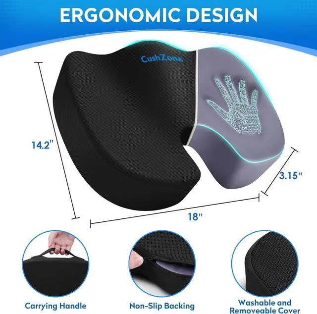 Main image of Ergonomic Memory Foam Seat Cushion with Non-Slip Base - Office Chair, Car, Airplane, Wheelchair & Bleacher Support - Pressure Relief for Back, Tailbone & Sciatica (Black)