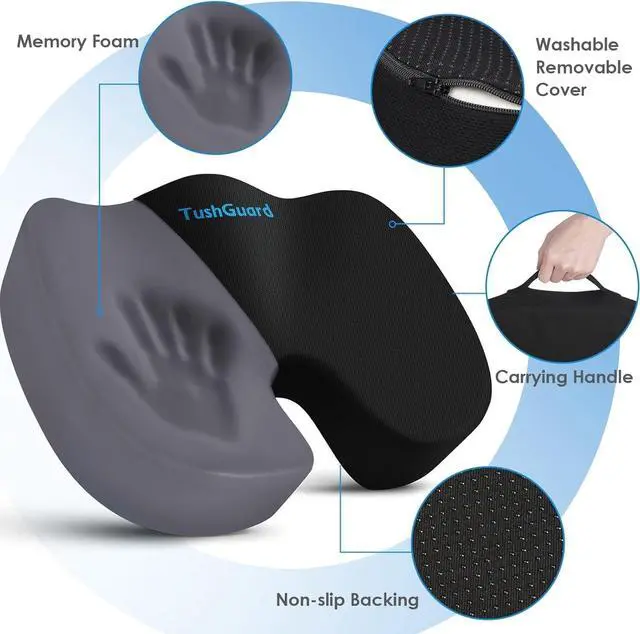 Alt view image 4 of 7 - TushGuard Seat Cushion for Office Chair Memory Foam Non-Slip Desk Seat Cushion Back, Coccyx, Sciatica, Tailbone Pain Relief Butt Pillow for Office Chair, Car, Wheelchair, Black