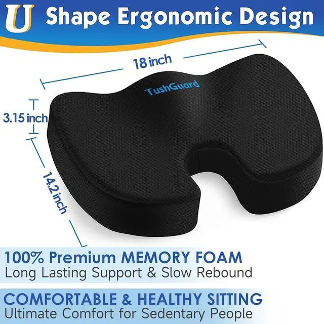 Alt view image 2 of 7 - TushGuard Seat Cushion for Office Chair Memory Foam Non-Slip Desk Seat Cushion Back, Coccyx, Sciatica, Tailbone Pain Relief Butt Pillow for Office Chair, Car, Wheelchair, Black