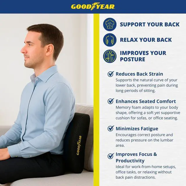 Alt view image 5 of 7 - Goodyear Lumbar Support Pillow for Office Chair and Car Seat - Memory Foam Lumbar Pillow & Back Brace Support Posture Corrector, Lower Back Pain Relief