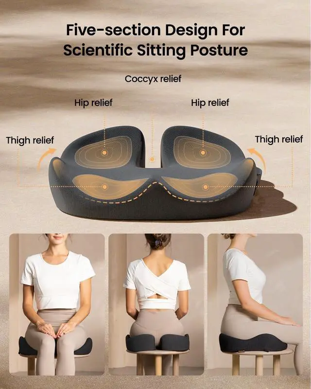 Alt view image 3 of 7 - ProtoArc Seat Cushion for Tailbone Pain Relief, Office Chair Cushion, Coccyx Cushion, Ergonomic Memory Foam Seat Cushion for Home, Car, Pressure Relief Pad for Hip, Coccyx, All Day Comfort - Dark Gray