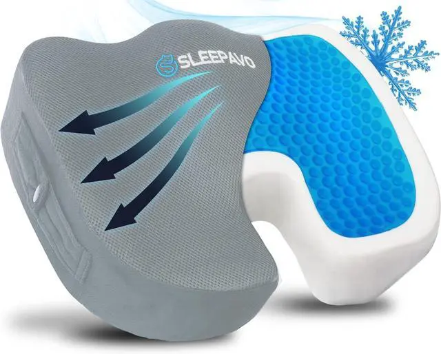 Main image of Sleepavo Gray Memory Foam Seat Cushion for Office Chair - Cooling Gel Pillow for Sciatica Coccyx Back Tailbone and Lower Back Pain Relief - Chair Pad for Lumbar Support in Office Desk, Car, Airplane
