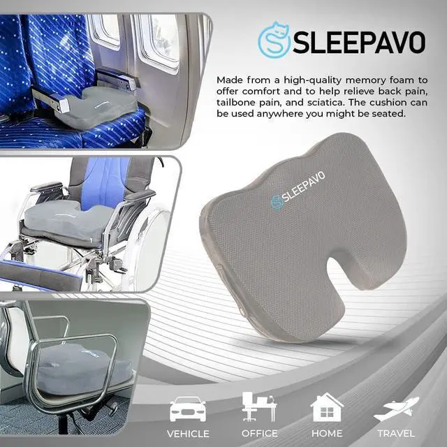 Alt view image 3 of 6 - Sleepavo Gray Memory Foam Seat Cushion for Office Chair - Cooling Gel Pillow for Sciatica Coccyx Back Tailbone and Lower Back Pain Relief - Chair Pad for Lumbar Support in Office Desk, Car, Airplane