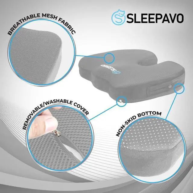 Alt view image 4 of 6 - Sleepavo Gray Memory Foam Seat Cushion for Office Chair - Cooling Gel Pillow for Sciatica Coccyx Back Tailbone and Lower Back Pain Relief - Chair Pad for Lumbar Support in Office Desk, Car, Airplane