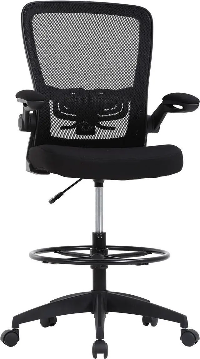 Main image of BestOffice Drafting Chair Tall Office Chair Adjustable Height with Lumbar Support Flip Up Arms Footrest Mid Back Task Mesh Desk Chair Computer Chair Drafting Stool for Standing Desk (B-Black)