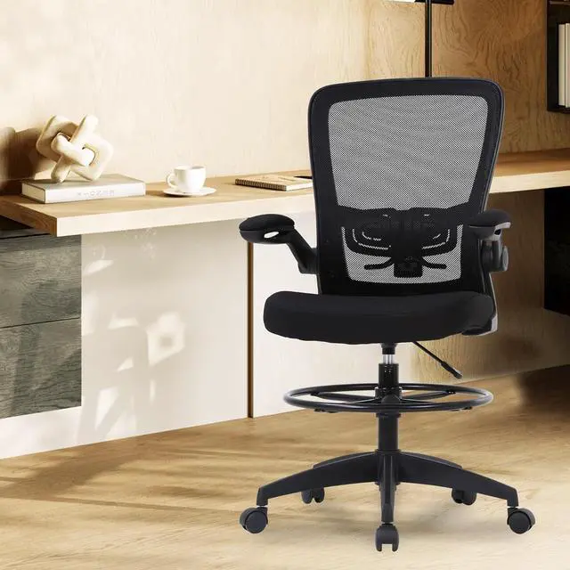 Alt view image 2 of 7 - BestOffice Drafting Chair Tall Office Chair Adjustable Height with Lumbar Support Flip Up Arms Footrest Mid Back Task Mesh Desk Chair Computer Chair Drafting Stool for Standing Desk (B-Black)