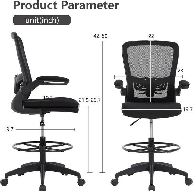 Alt view image 3 of 7 - BestOffice Drafting Chair Tall Office Chair Adjustable Height with Lumbar Support Flip Up Arms Footrest Mid Back Task Mesh Desk Chair Computer Chair Drafting Stool for Standing Desk (B-Black)