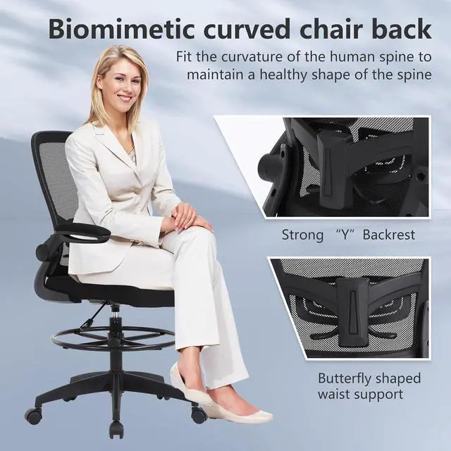 Alt view image 4 of 7 - BestOffice Drafting Chair Tall Office Chair Adjustable Height with Lumbar Support Flip Up Arms Footrest Mid Back Task Mesh Desk Chair Computer Chair Drafting Stool for Standing Desk (B-Black)