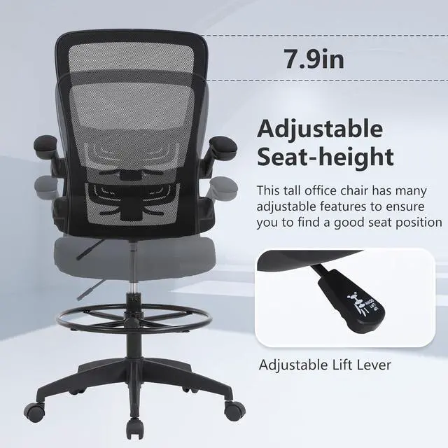 Alt view image 5 of 7 - BestOffice Drafting Chair Tall Office Chair Adjustable Height with Lumbar Support Flip Up Arms Footrest Mid Back Task Mesh Desk Chair Computer Chair Drafting Stool for Standing Desk (B-Black)